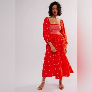 RARE Free People | Dahlia Embroidered Maxi Dress | Medium | Tangerine